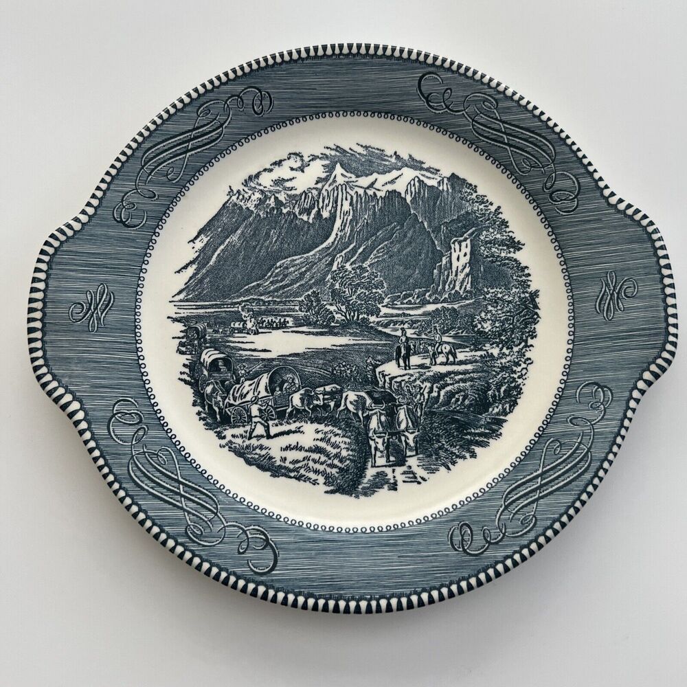 Currier and Ives Cake Plate Handled  "The Rocky Mountains" USA Blue White
